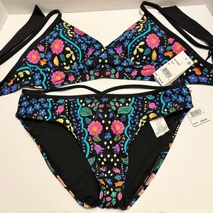NWT Kenneth Cole Swimsuit High Cut Bikini Underwire Lightly Padded Flowered